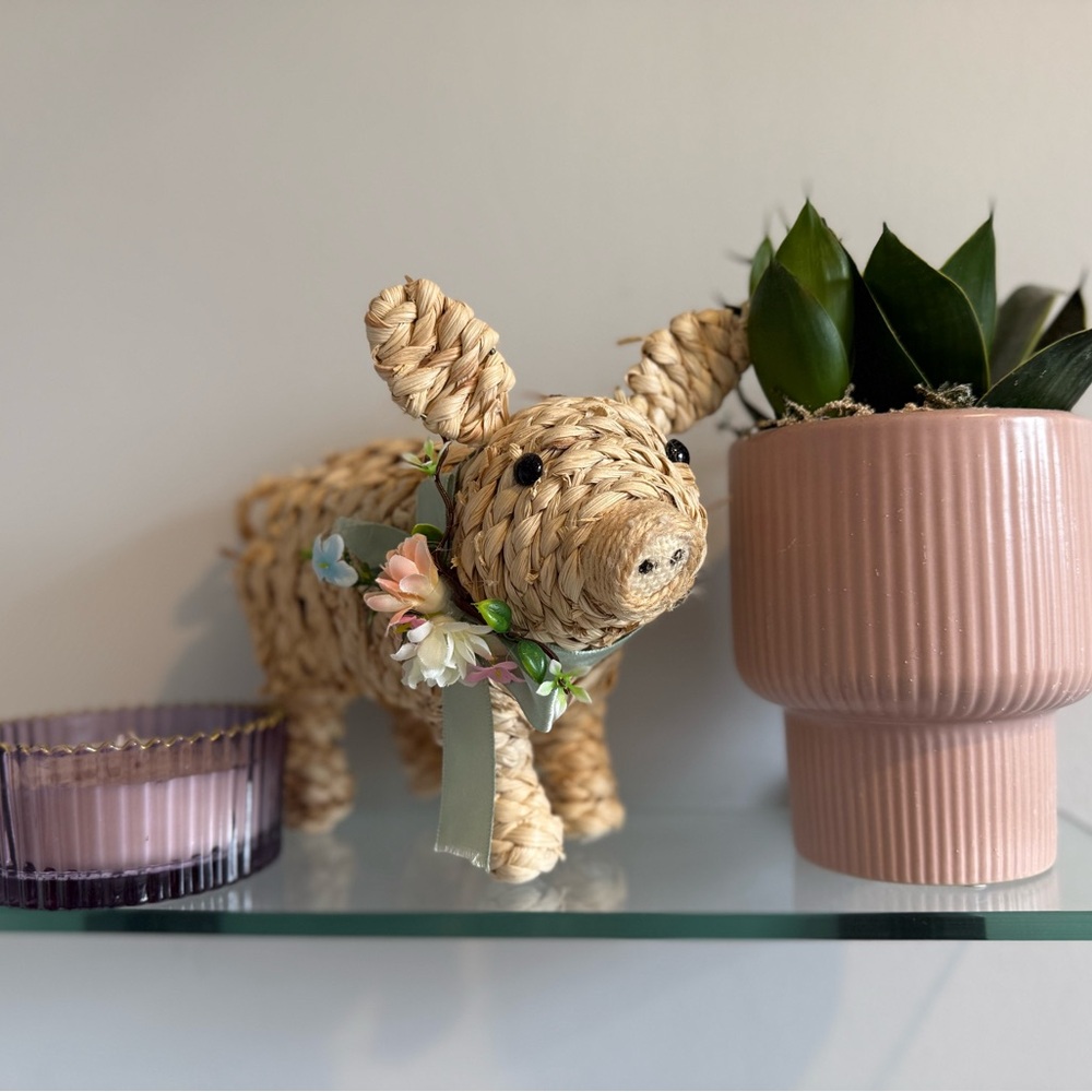 Woven Straw Pig Figurine with Floral Accents